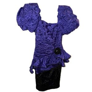 80’s Prom Dress Vibrant Purple and Black Ruffled Puff Sleeve